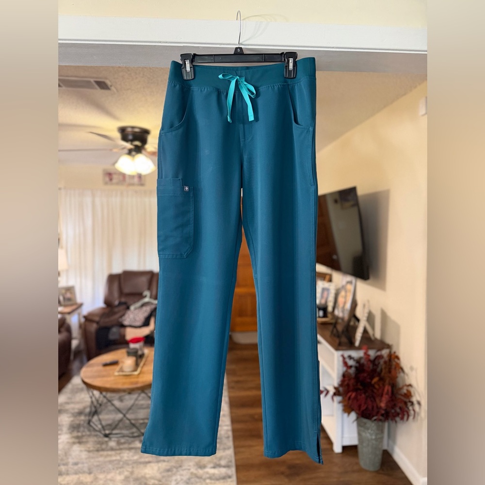 Figs Boot Cut Scrub Pants in Teal with Turquoise Drawstring